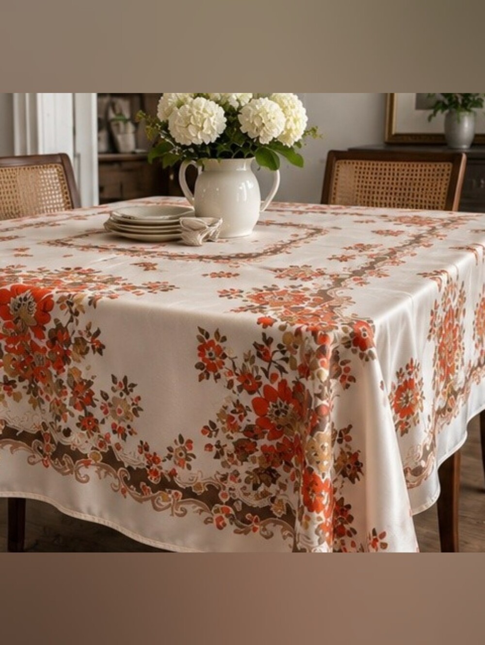 🌺 2/$30 Vintage Floral Tablecloth 48” x 56” Silky Retro Orange Brown Cream